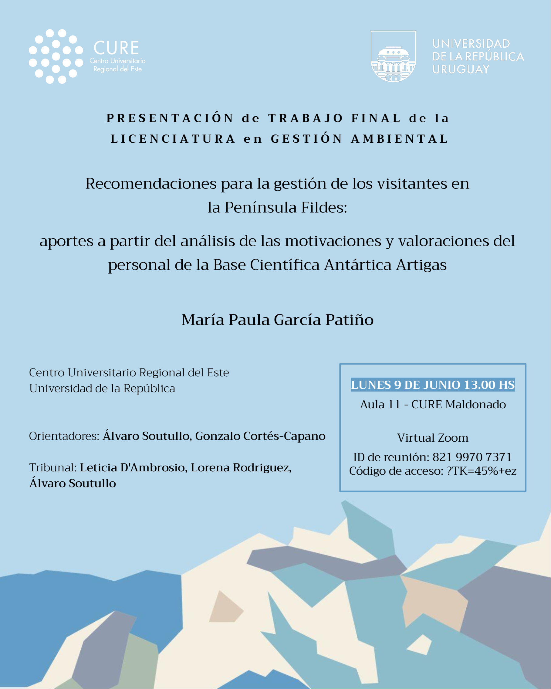 Presentación Trabajo Final LGA - Paula García
9 jun 2025 01:00 p. m. Montevideo
https://salavirtual-udelar.zoom.us/j/82199707