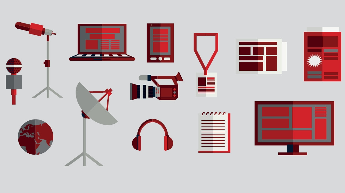 La imagen está formada por dibujos esquemáticos de diversas tecnologías que usamos cotidianamente. 