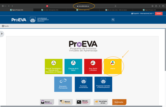 Página de eva.udelar.edu.uy. Se marca el cuadrado amarillo de a donde ingresar para entrar a Eva interior
