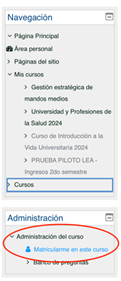 Bloque administración donde se indica el enlace a "Matricularme en este curso"